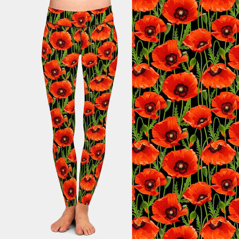 LETSFIND Beautiful 3D Poppies Flowers Print Women Stretch Pants Fashion High Waist Fitness Slim Soft Legging Plus Size 210925