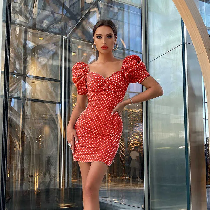 Lofia Black Red Polka Dot Dress Women Sexy Casual Puff Sleeves Dress Summer Woman 2020 V Neck Vintage Dresses Retro Wrap Beach Y0603