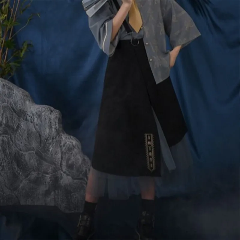 Vintage irrégulière maille couture jupe longue femmes automne harajuku hip hop midi brodé jarretelle conception a-ligne 210421