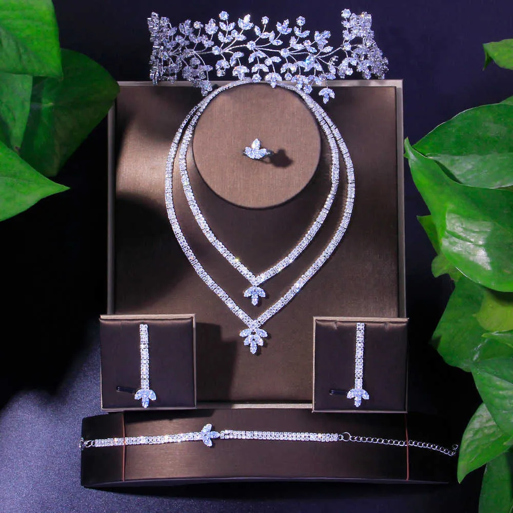 Bling Cubic Zirconia Bridal Jewelry Sets Wedding Indian for Women Dubai Luxury Tiaras AAA CZ Necklace Set Party Jewellery H1022