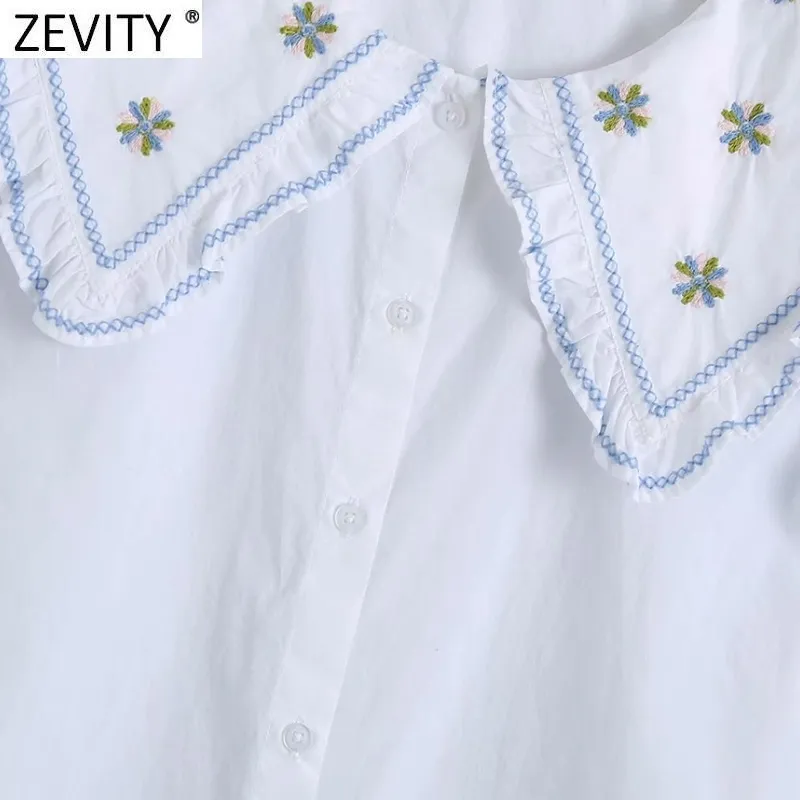 Женщины сладкий вышивка Peter Pan Woll White White Poplin рубашка женские рукава рюшами блузки лукавые CHIC Chemise Tops LS9279 210420