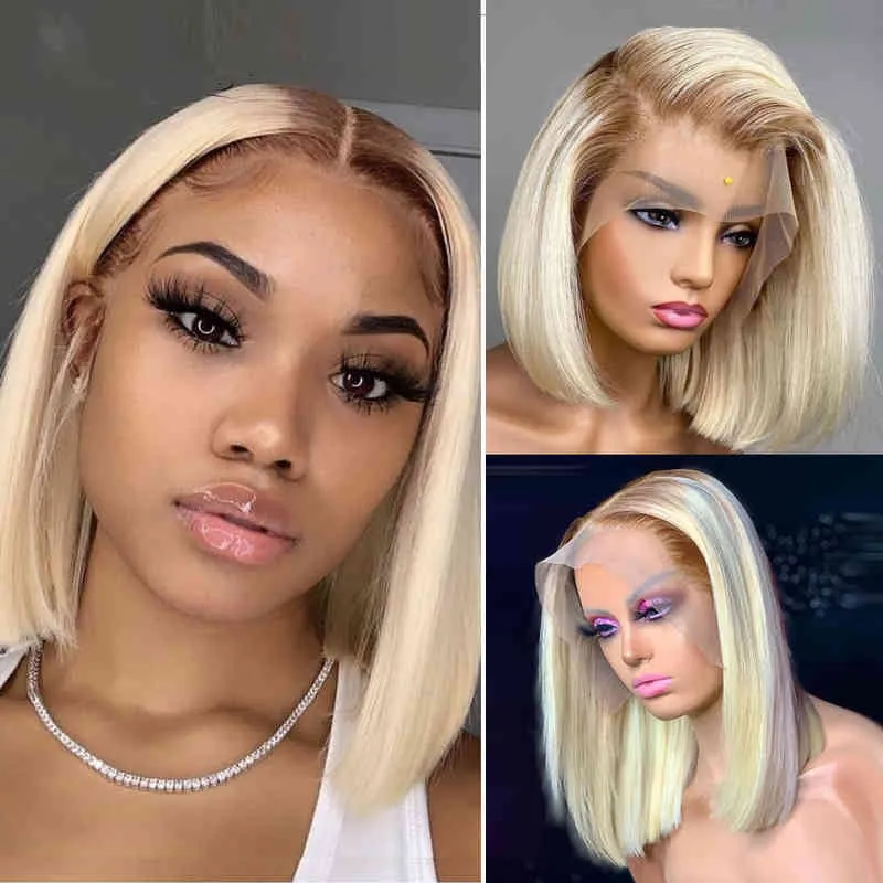 Pre Plucked Cuticle Aligned Blonde Human Hair Wig Deep Part Honey Blonde Bob Wigs With Dark Roots