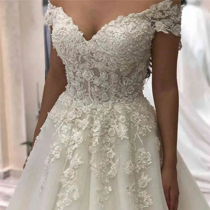Spetspärl bröllopsklänning boho från axeln enkla vestidos de noiva 2021 brudklänningar för kvinnor plus size mantel mariee 333o