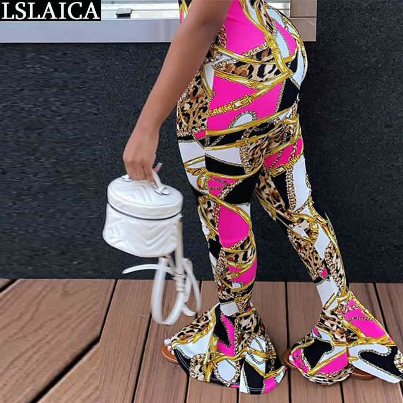 Slanke Vrouw Broek Ketting Afdrukken Leopard Patchwork Casual Leggings Hoge Taille Mode Flare Party Club Streetwear Pantalones 210520