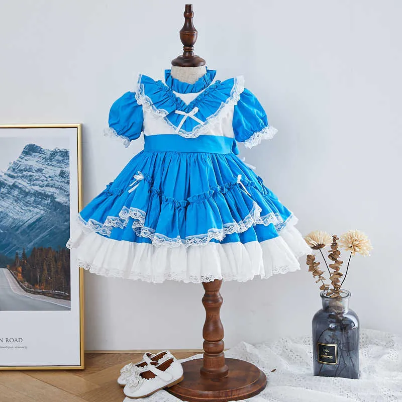 2 pezzi Baby Girl Summer Lolita Princess Ball Gown Dress la festa di compleanno es Bambini Blue Vintage spagnolo 210615