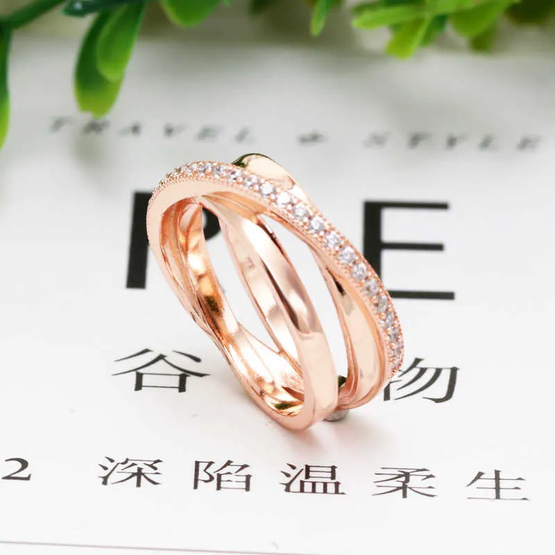 925 Sterling Silver Rings For Women Original Wrapped Open Infinity Engagement Wedding Ring Rose Gold Crystals Luxury Jewelry X0715