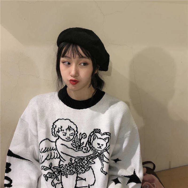 Woherb Cute Knit Pullover Woman Sweater Autumn Japanese Harajuku Jumpers Angel Cartoon Streetwear Casual Female Sweaters 210806