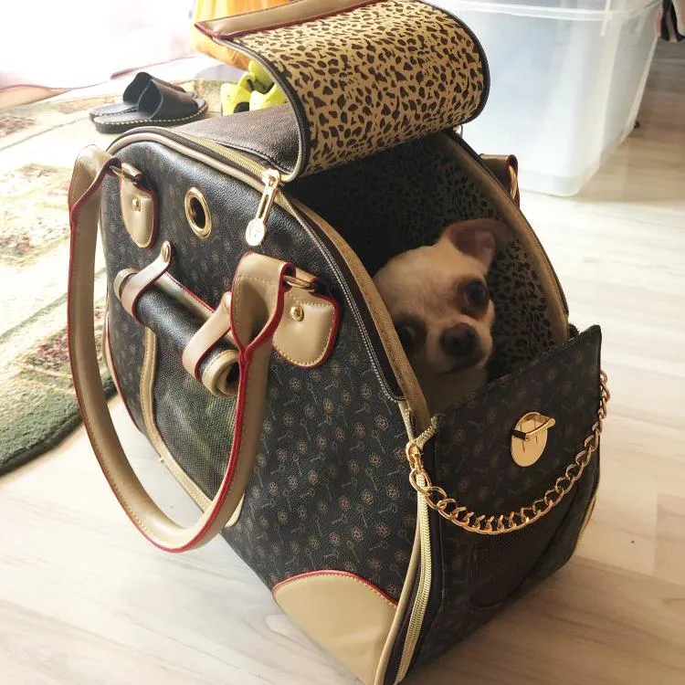 Lyxigt modeval hundbärare pu läder valp handväska handväska katt tygväska husdjur valise rese vandring shopping brun vit rutig 3366