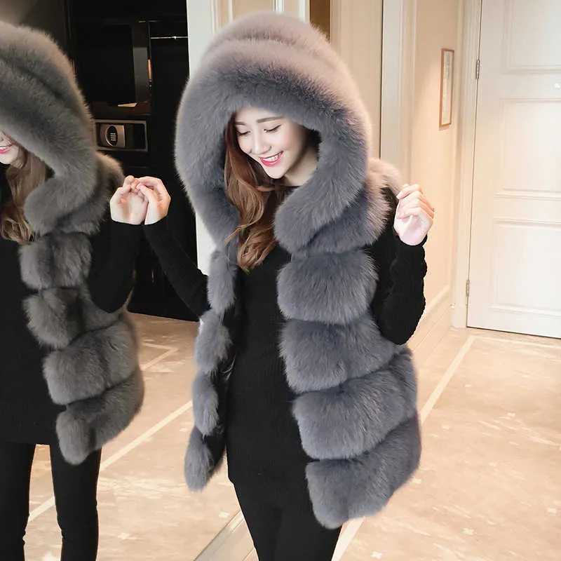 겨울 테디 코트 모피 인공 에코 따뜻한 조끼 여성 민소매 모자 여성용 코트 가짜 한국 패션 의류 210817