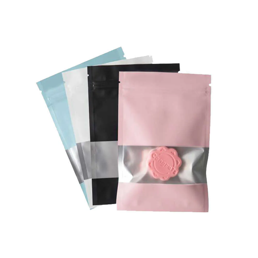 / Mylar Foil Zip Lock Bag con finestra Gift Snack Abbigliamento Packaging Bag Sacchetti richiudibili con tacca a strappo 211014