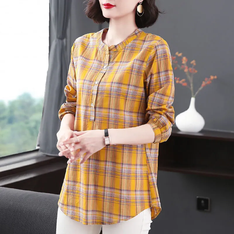 Dames lente herfst stijl katoen blouses shirt dames oneck lange mouw knop plaid Koreaanse elegante tops dd9114 210401