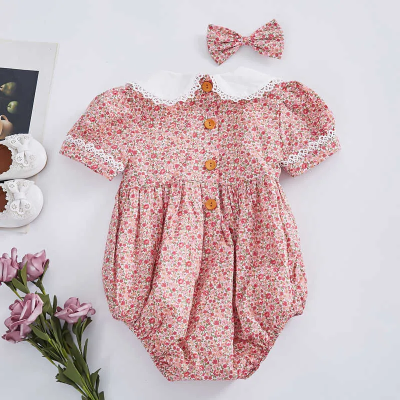 2 stks Baby Smock Bloemen Romper Meisje Handgemaakte Geborduurde Jumpsuit Peuter Smooked Kleding Zuigeling Verjaardag Rompertjes met Haarspeld 210615