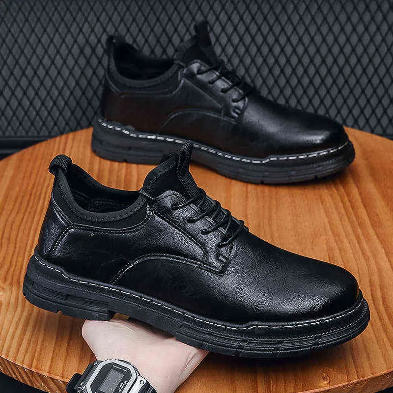 Dress Shoes Men Casual Fashion Leather Shoe Male Thick Bottom Low Top Sneaker Breathable Soft British Trend Outdoor Non-slip Work 220223