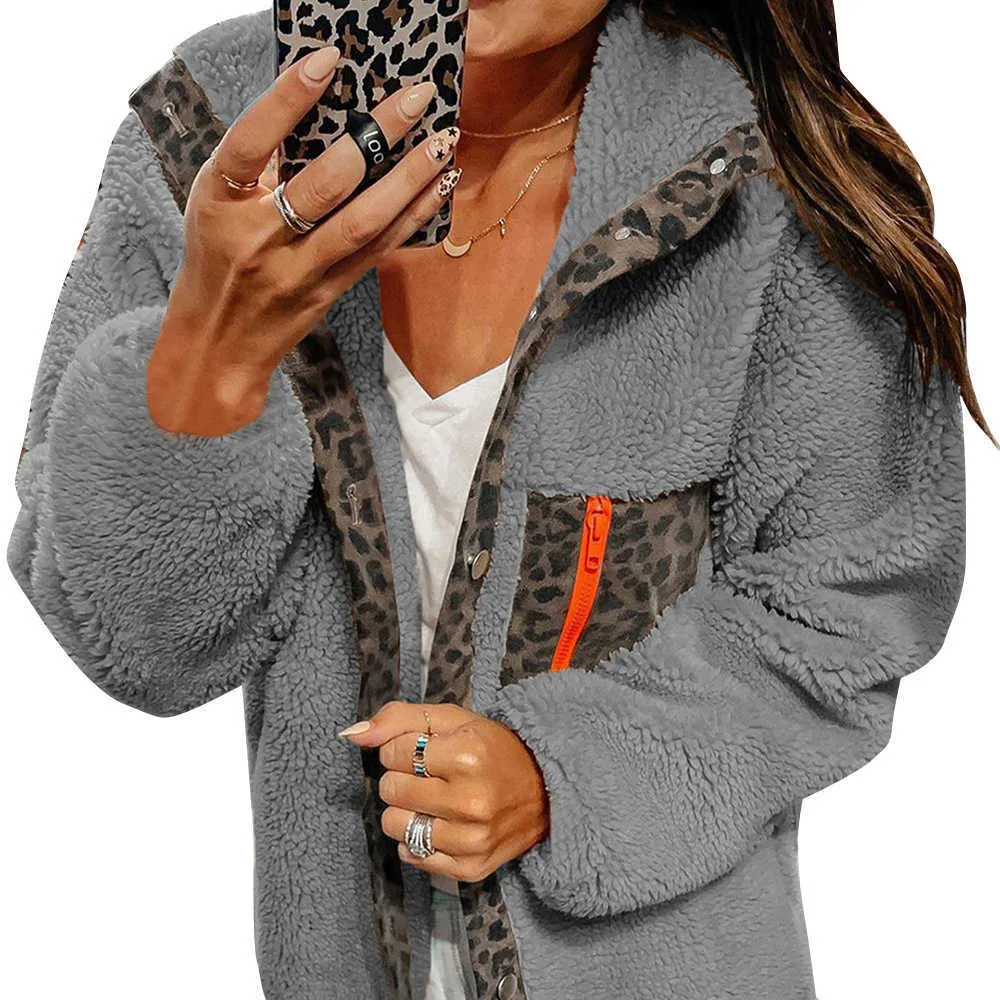 Weibliche Faux Pelz Leopard Print Mit Kapuze Jacke Casual Winter Mantel Warme Teddy Wildleder Sweatshirts Sexy Langarm Tops Herbst Outwear Y0829