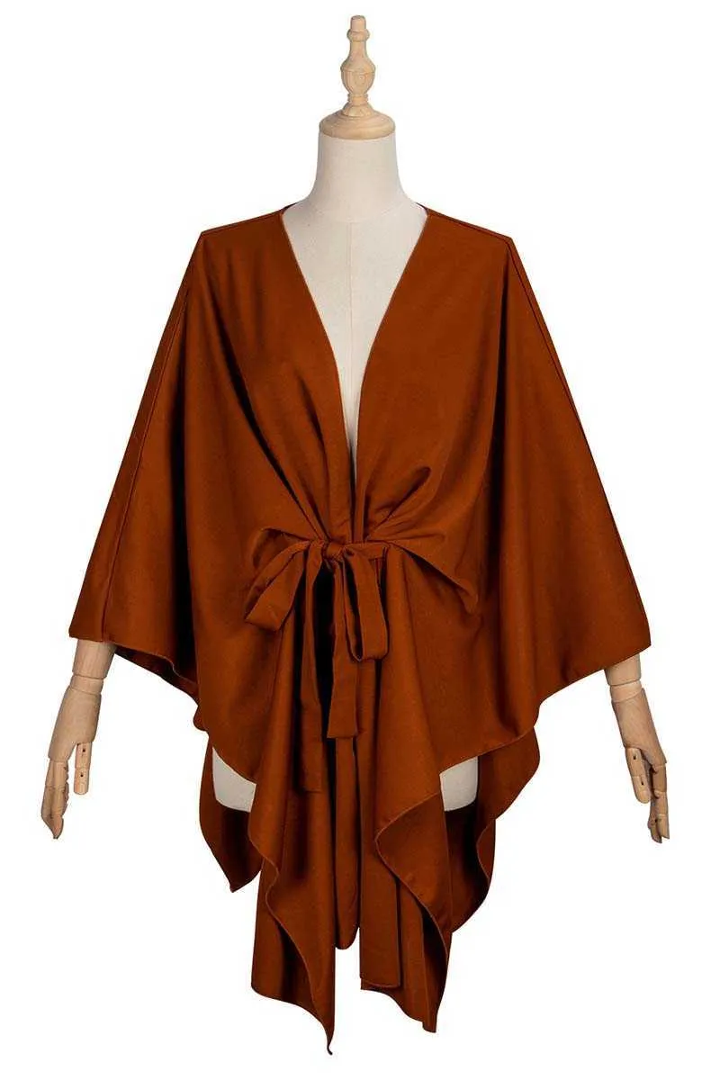 Mode Femmes Wrap Manteau Solide Couleur Col V Longue Bat Manches Asymétrique Cape Manteau Avec Ceinture W233 210526
