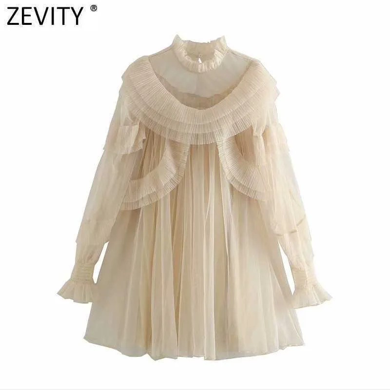 Zevity Women Sexy Pleated Ruffles Splicing Mesh Garn Stickning Mini Klänning Kvinnor Agaric Lace Söt Perspektiv Vestido DS4802 210603