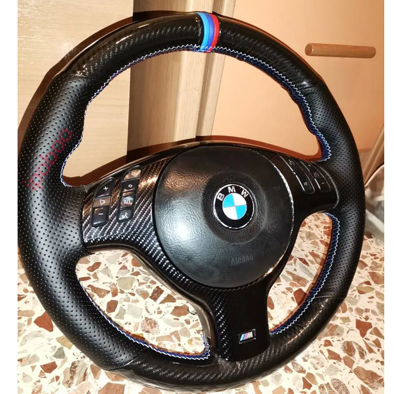 5D In Fibra di Carbonio Buco Nero In Pelle Cucire A Mano Wrap Coprivolante BMW E46 E39 330i 540i 525i 530i 330Ci M3 2001-2003