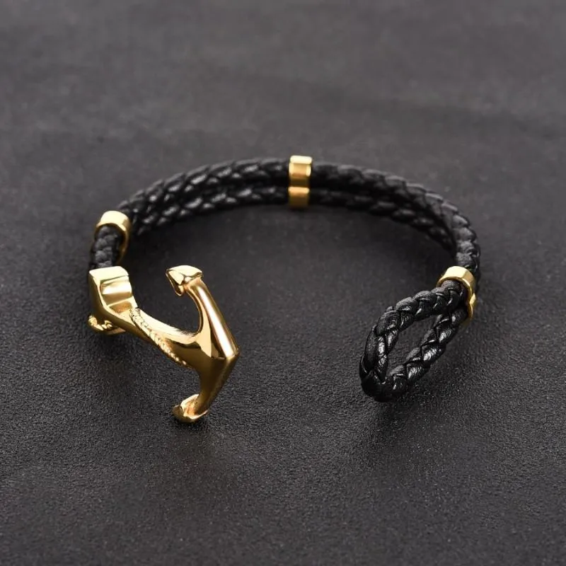 Bracelets de charme Jiayiqi Punk Gravé Dragon Argent Or Ancre Fermoir Noir Tresse Véritable Bracelet En Cuir Hommes Bijoux En Acier Inoxydable S205G