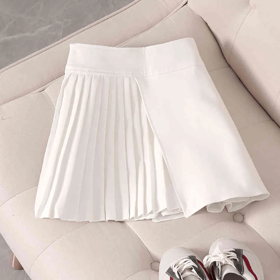 無料の不規則なプリーツスカートの女性の夏のハイウエストのAラインホワイトファッションエレガントな女性白山210524