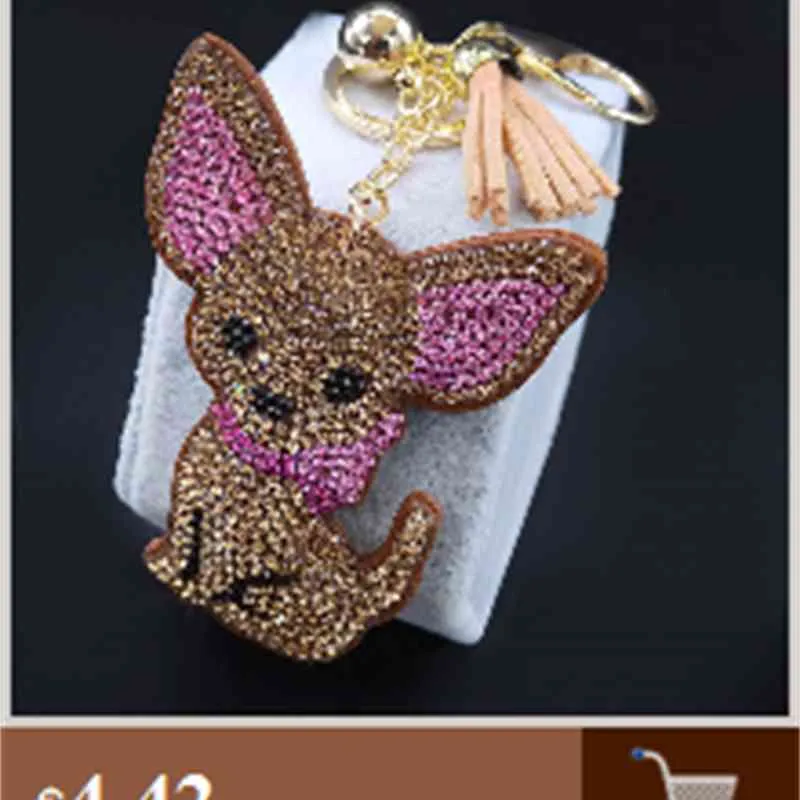 Fashion Chihuahua Dog Crystal Bag Accessories for Women Yellow Gold Color Keyring Jewelry llaveros para mujer K2502S01