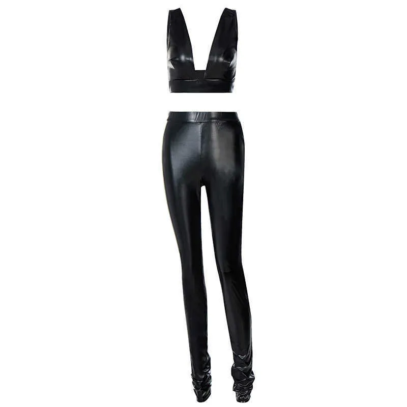 Kunstleer Tweedelige Pakken Dames Clubwear Mouwloos Laag Uitgesneden Crop Tank Top Hoge Taille PU-leggings Sets Dame Zwart Sets 210727