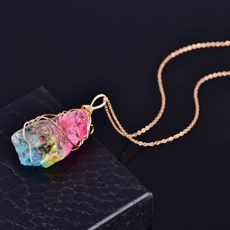 Pendant Necklaces Irregular Natural Crystal Stone Wire Wrap Necklace For Women Rainbow Quartz Reiki Healing196x