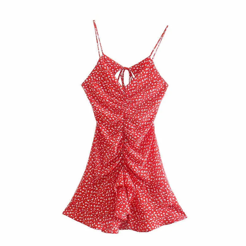 Za драпированные цветочные принты мини платье женщины спагетти ремни вырезать сексуальное летнее платье женщина рюшами красные рученные пляжные платья 210602