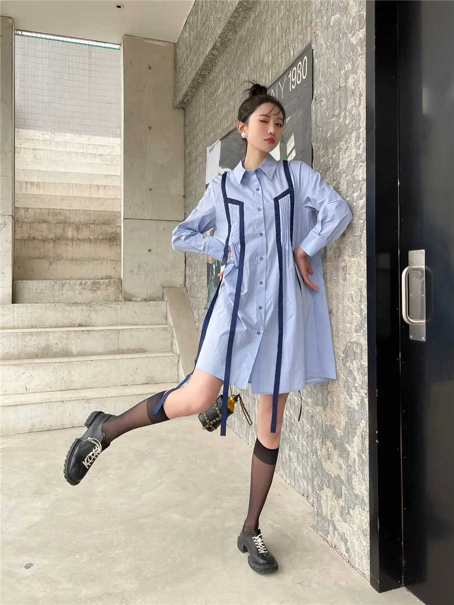 リボンブルーシャツドレス女性のファッション春ボタンアップ長袖Aラインミニ韓国のデザイナー服210427