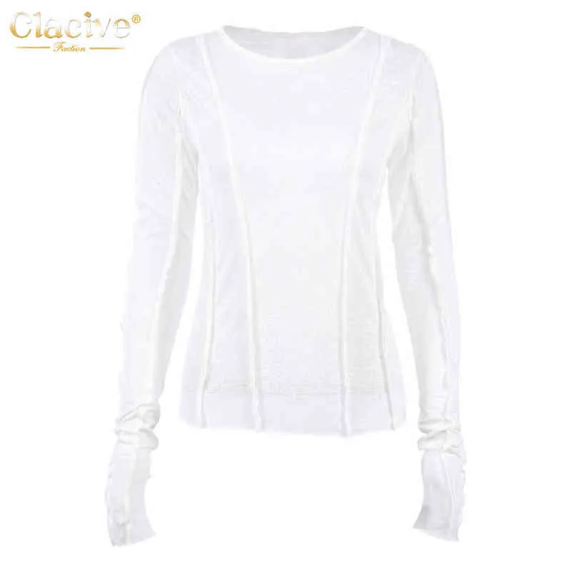 Clacive Aderente Bianco O-Collo T-Shirt da Donna Elegante Giallo Manica Lunga Autunno Tee Shirt Casual Sottile Elastico Solido Top Femminile 220207