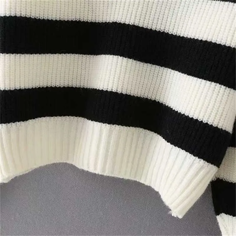 TRAF Kobiety Moda Striped Polo Collar Loose Knit Sweter Retro Długi Rękaw Pulower Streetwear 211007