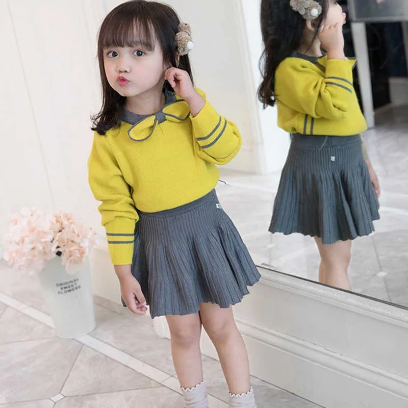 Kids Fashion Girls Toddler Girl Clothes Autumn Knitting Pullover Sweater+Pleated Skirt Sets Winter 3-7Y 210528