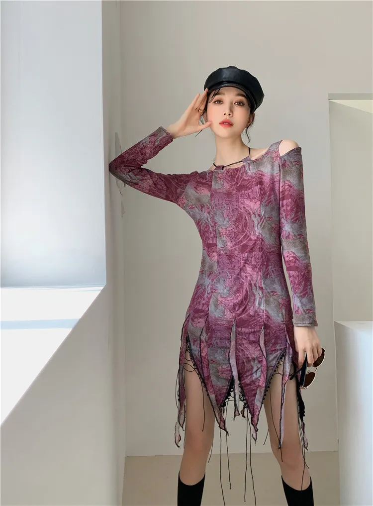 Mode Femmes Asymétrique Robe Designer Cordage À Manches Longues Glands Évider Moulante Vêtements 210427
