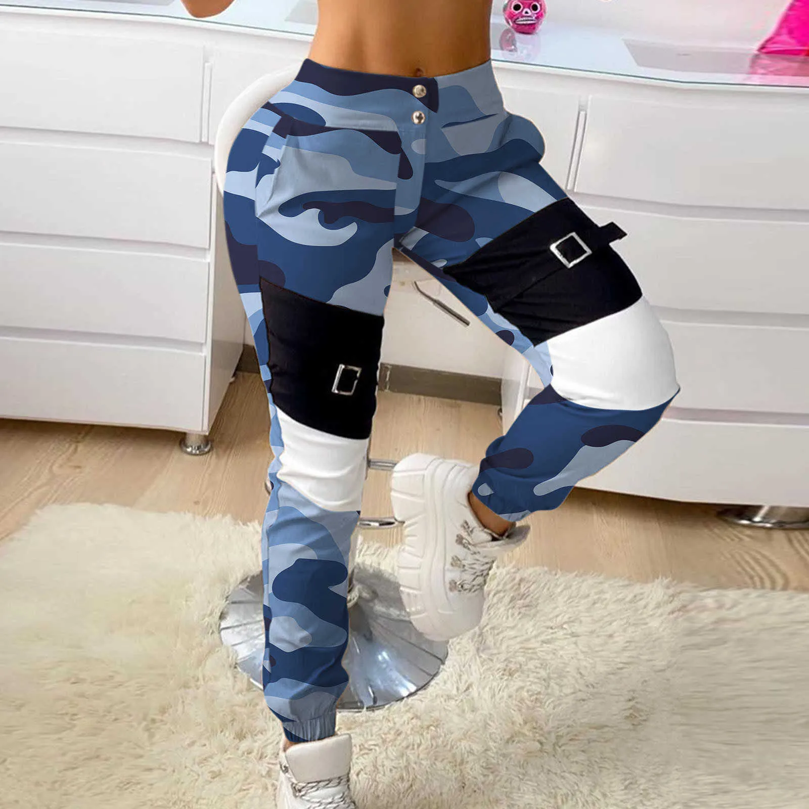 Sommarkläder Kvinnors Fashion Stitching Camouflage Print Casual Long Pants Pantalones de Mujer Ropa Mujer Q0801