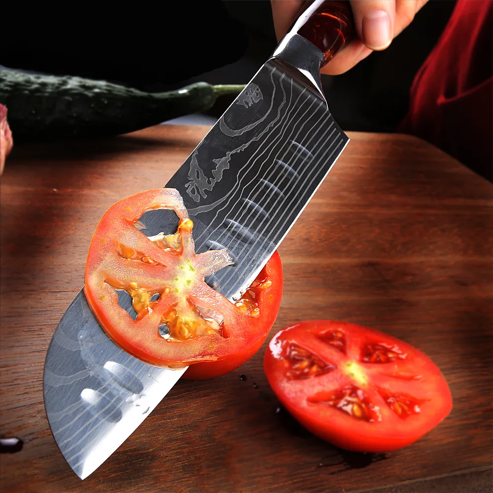 NEW red handle Chef LNIFE Set Profession Japanese Kitchen Knives Laser EAMASCUS Pattern Sharp Santoku Cleaver Slicing Utility Boni236d