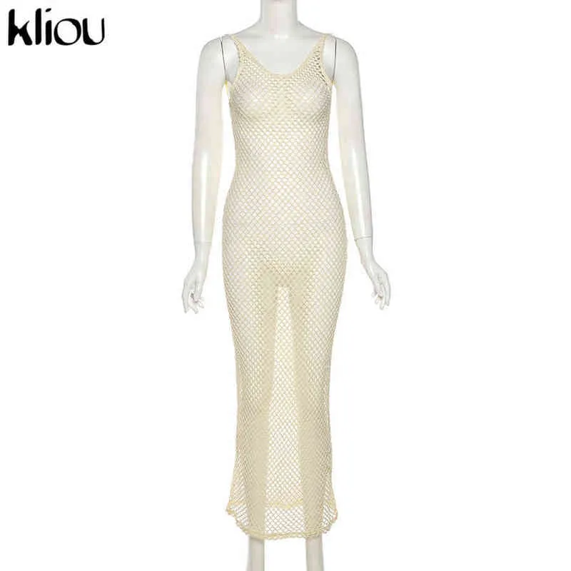 Kliou Solid Sexy Maxi Dress Sexy See Through Women Midnight Style Sleeveless Backless Female Party Clubwear Apparel No Panties Y1204