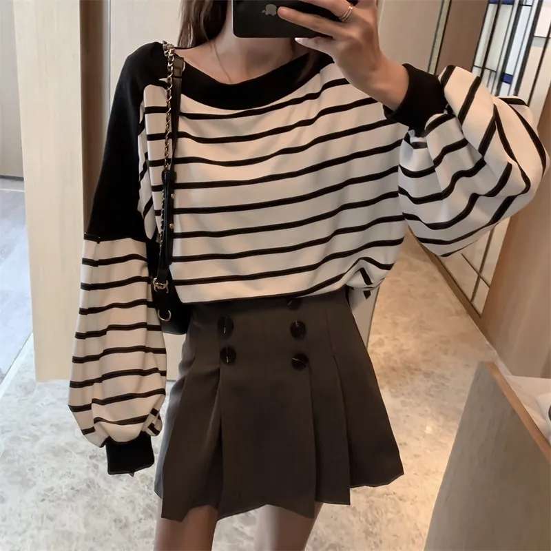 Bluzy Kimutomo Kobiety Wiosna Jesień Korea Chic Kobieta Paski Długi Rękaw Pulower Outwear Casual Fashion 210521