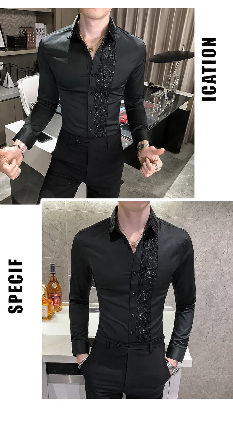 Lace Cut Out Splicing Shirts Mens Long Sleeve Slim Fit Fashion ...