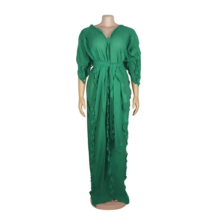 Waseのドレス緩いプリーツのフリルとプリーツのプリーツのフリュール＆首の長いアフリカの女性大きさのファッション夏の春黄緑青210416
