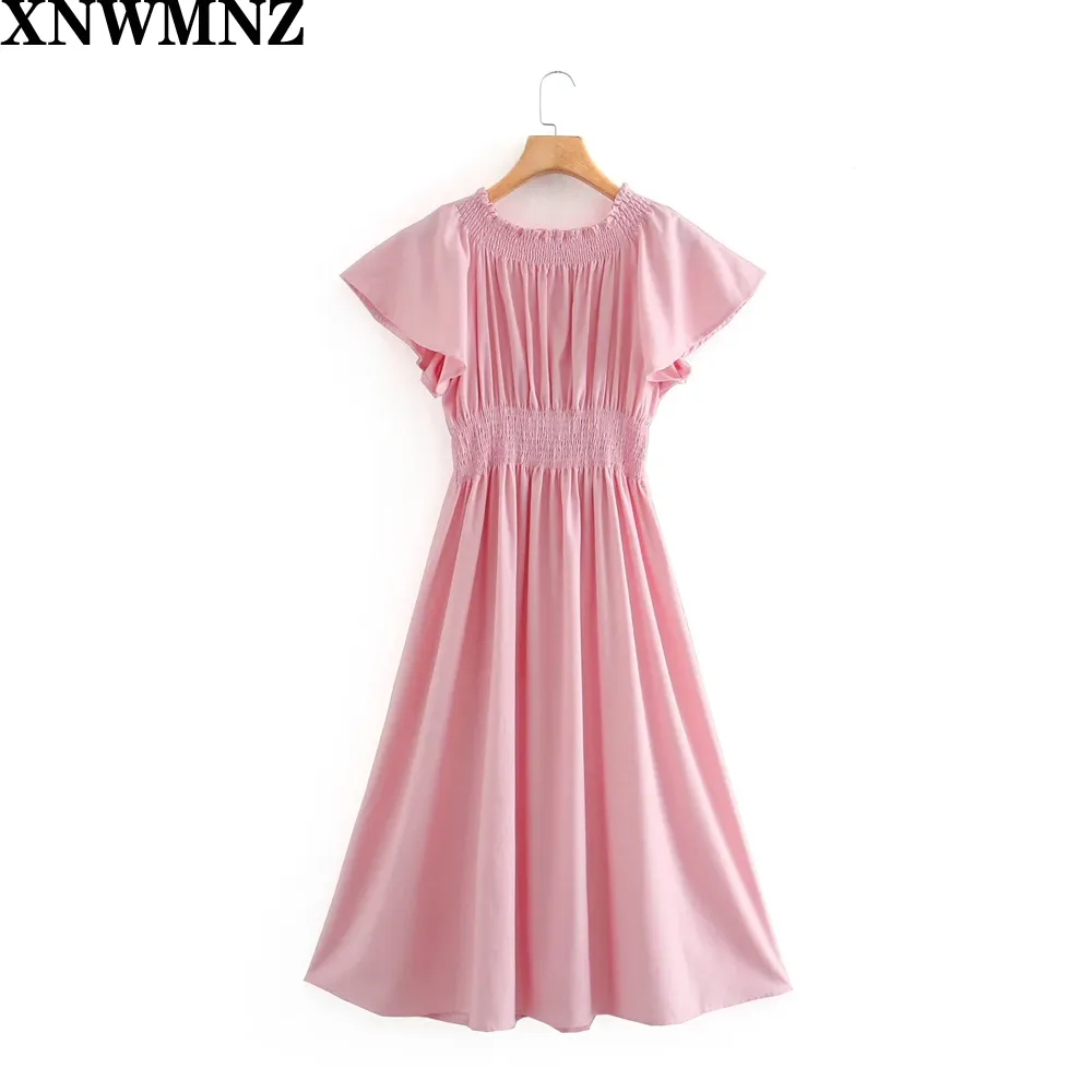 Rustic dress pink linen blend Wide elastic neckline Short ruffled sleeves midi Vintage Solid Sexy Off Shoulder Dress 210520