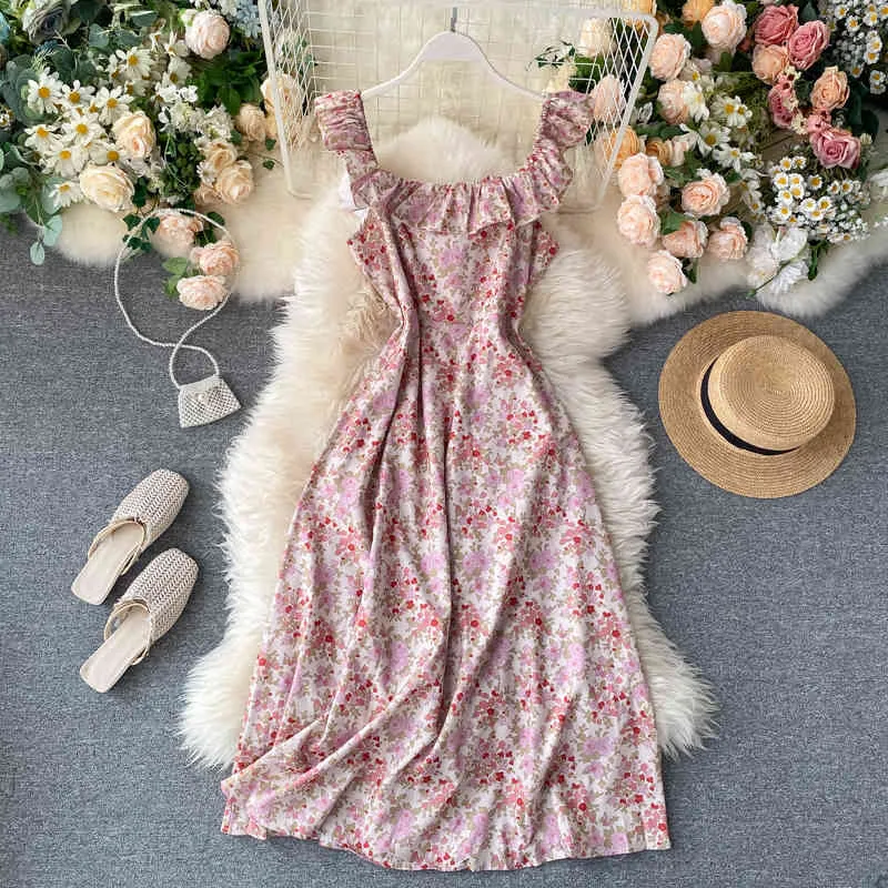 Summer Sweet Women Ruffled Floral Print Dress Casual Ladies Square Collar Midi Holiday Beach Fairy 210423