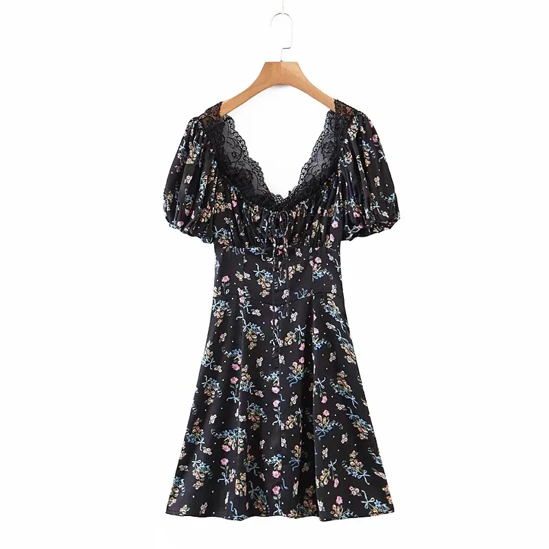 Foridol vintage preto laço decorado vestido mulheres verão floral impressão mini vestido elegante curto boho praia vestido de mujer 210415