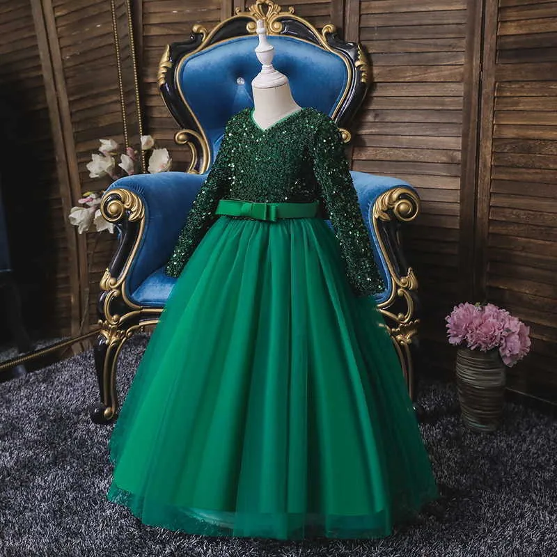 Frühling Teenager Mädchen Kleid Lange Ärmel mit Schleife Schärpen Prinzessin Klavier Performance Kinder Kleidung E318 210610