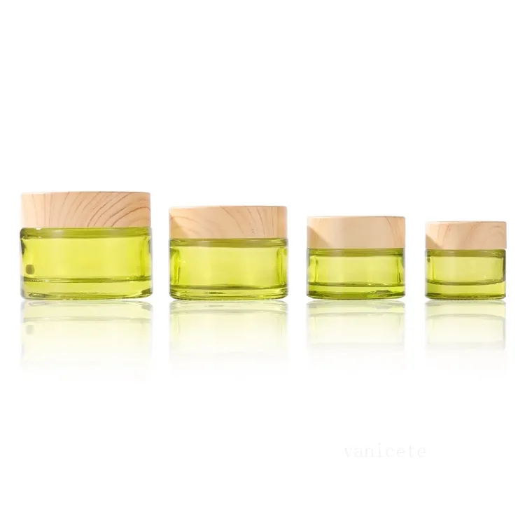 Bouteilles en verre vert clair de 50 g avec bouchons en plastique de grain de bambou Conteneur d'emballage de crème pour le visage T2I52899