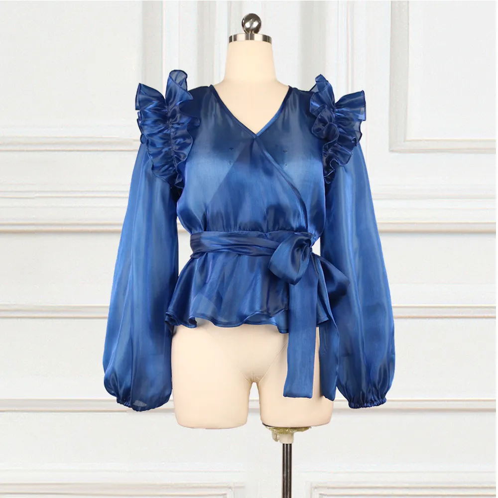 Women Sexy See Through Blouse V Neck Tops Lantern Sleeve Navy Blue Transparent Waist Belt Spring Summer Shirt Elegant Blusa 210416