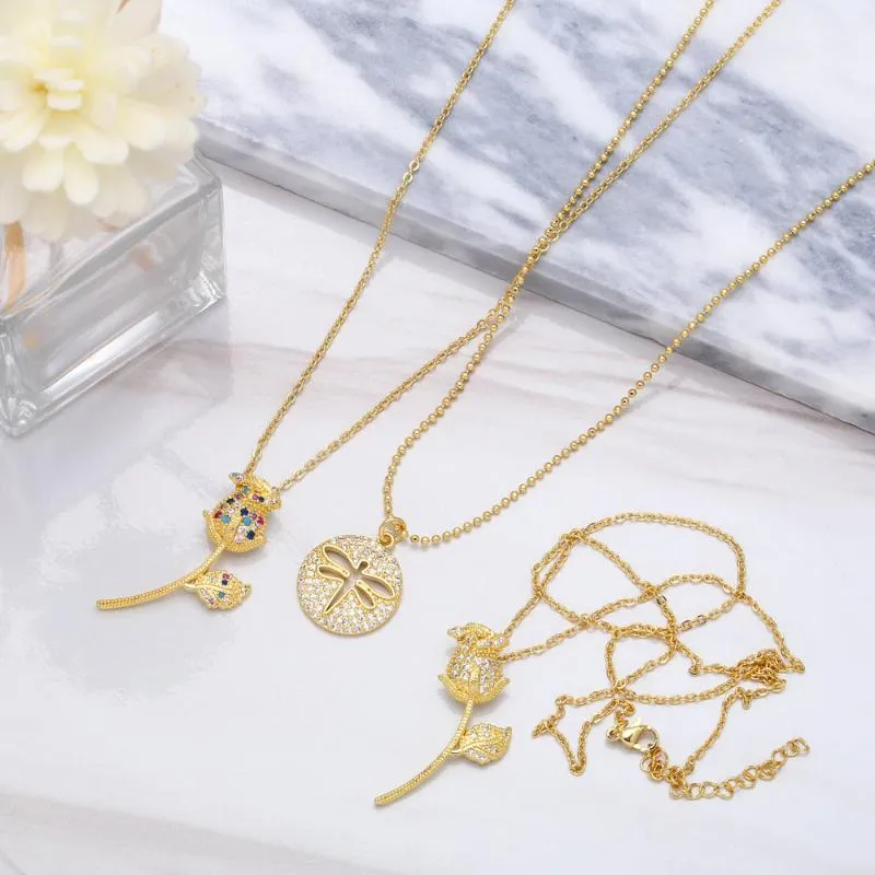 Pendant Necklaces Elegant Copper Crystal Tulip Necklace For Women Gold Dragonfly Fashion Rainbow Flower Couple Lover Jewelry Gifts229r