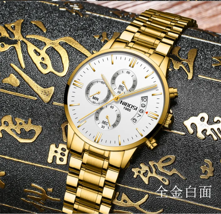 Nibosi Brand Quartz Chronograph Luxury Mens Watches rostfritt stål Band Watch Luminous Date Life Waterproof Wristwatches Casual S252L