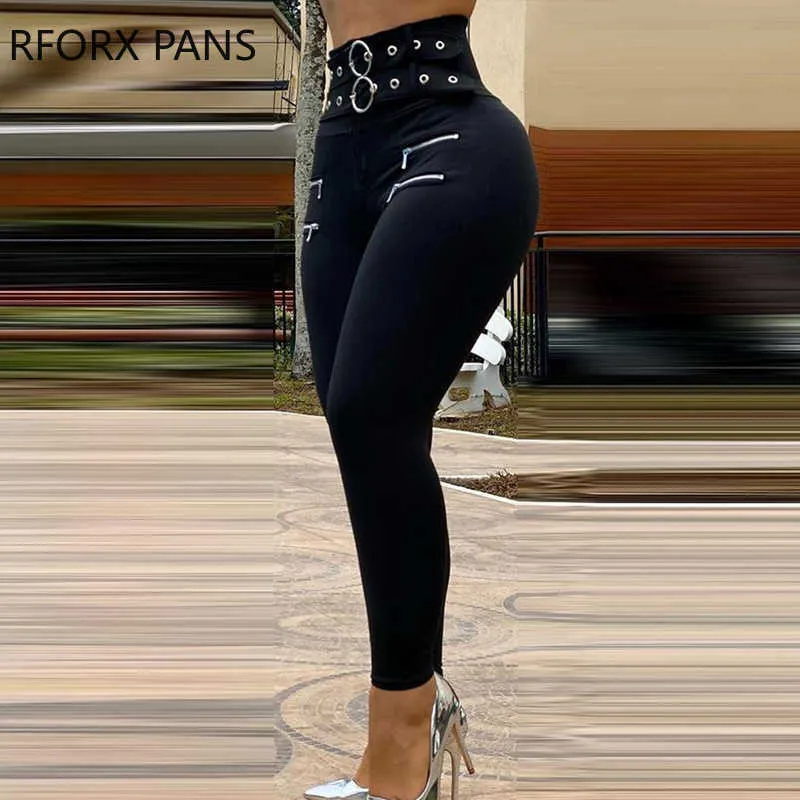 Kobiety Solidna Wysoka Waist Okularka O Pierścień Zipper Design Skinny Spodnie Casual Spodnie Fashion Spodnie z pasem X0629