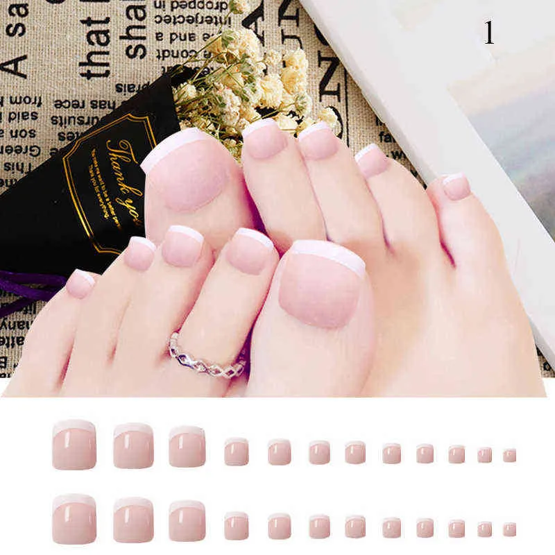 Falska naglar fot falska tånagel tips uppsättning franska fullt omslag falska tån nagel klistermärken patchar diy manikyr dekoration 220225