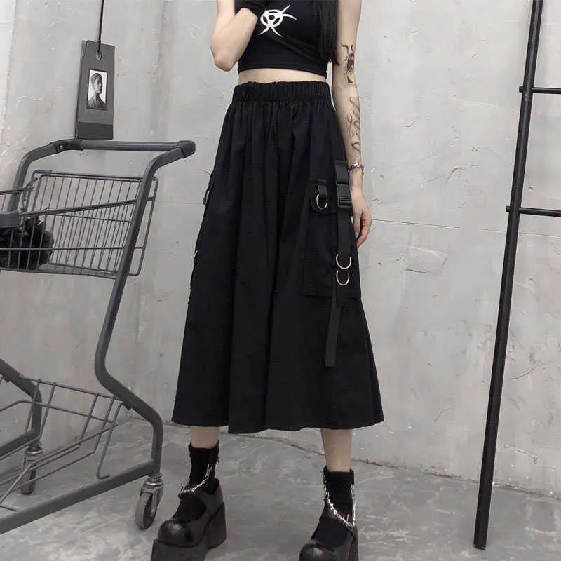 Gothic High Waist Cargo Spódnice Kobieta Harajuku Loose A-Line Pocket Midi Długa Czarna Spódnica Hip Hop Moda Streetwear Oversize 210629