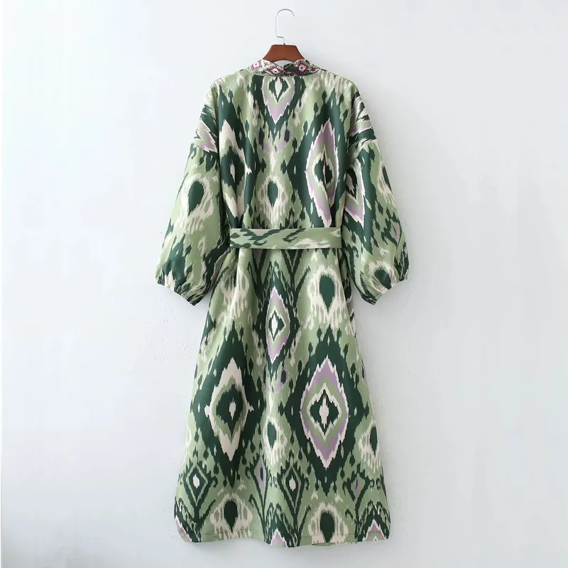 Abito Donna Kimono Midi Stampa Verde Cintura Estiva Donna Manica Lunga a Sbuffo Avvolgente Stile Giapponese es 210519